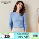 科蒙博卡2024秋冬精紡水溶羊毛衫女圓領(lǐng)修身薄款純色針織毛衣 海藍色 L