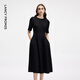 朗姿【朗姿Basic衣櫥】小香風(fēng)法式赫本風(fēng)波點(diǎn)小黑裙女收腰高智連衣裙 黑色2 L