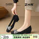 ZHR頭層羊皮墊單鞋女優(yōu)雅淺口粗跟船鞋通勤蝴蝶結女鞋K513 黑色 37