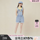 拉拉波波設計感純棉可調節背帶牛仔短褲女高腰顯瘦潮毛邊熱褲LBCB-WLZT12 中藍白 28