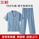 三槍睡衣新疆純棉夏新品翻領(lǐng)開(kāi)襟印花短袖長(cháng)褲全棉男士家居套裝 藍格 3XL
