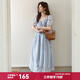 謎秀法式植物刺繡連衣裙2025夏季新款萊賽爾裙子氣質(zhì)系帶短袖長(cháng)裙女 藍色 M