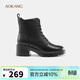 奧康（Aokang）女鞋冬季新款牛皮加絨保暖時(shí)裝靴粗跟系帶經(jīng)典百搭馬丁靴黑色38碼