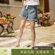 紫涵（ZIHAN）紫涵刺繡復古牛仔短褲女夏季新款高腰寬松顯瘦闊腿卷邊五分褲 淺牛仔藍 M