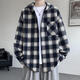 至濤連帽格子襯衫男春秋季港風(fēng)休閑寬松長(cháng)袖2026新款美式復古男生外套 黑藍色 2XL
