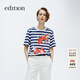 editionT恤女金鱗新春系列錦鯉印花清爽藍白條紋短袖純棉上衣 藍白條色 S