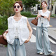 妹丫韓系鏤空提花外穿時(shí)尚馬甲女夏季薄款無(wú)袖時(shí)髦洋氣坎肩上衣 白色 S
