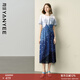 顏域不規則印花連衣裙女2026夏季新款高腰顯瘦過(guò)膝雪紡收腰長(cháng)裙子 藍花 L