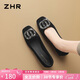ZHR淺口單鞋女水鉆方扣粗跟女鞋一腳蹬法式絨面小皮鞋K509 黑色 37