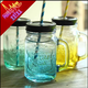 創(chuàng  )意漸變梅森杯帶把彩色檸檬玻璃杯梅森瓶帶蓋梅森杯公雞杯大吸管 一套5只(自由搭配)不銹鋼吸管