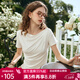 Olrain歐芮兒奶白色短袖T恤女夏季女裝時(shí)尚簡(jiǎn)約一字肩蕩領(lǐng)抽褶上衣 奶白色 M