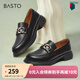 百思圖春季新款時(shí)尚金屬扣樂(lè )福鞋小皮鞋粗跟圓頭女單鞋VHN57AA4 黑色 39