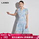 藍地（LANDI）2023年夏季新款淺藍色v領(lǐng)印花碎花連衣裙女雪紡中長(cháng)裙子 淺藍色 S