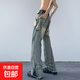 美式復古春夏季牛仔褲男寬松直筒開(kāi)叉側邊拉鏈微喇褲子高街長(cháng)褲 藍色 XL