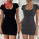 浪莎歐美性感彈力純棉連衣裙女夏季U領(lǐng)短袖緊身T恤裙修身顯瘦包臀短裙 黑色 L