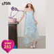 妖精的口袋立體花朵薄紗吊帶連衣裙女2025夏新款度假風(fēng)顯瘦長(cháng)裙子 花花淺藍 M
