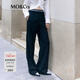 MO&Co.橡筋織帶拼接低腰長(cháng)直筒闊腿休閑褲寬松西褲褲子女摩安珂 黑色 S 160