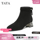 他她（TATA）加絨靴子女鞋2025秋冬羊皮休閑百搭增高粗跟彈力短靴 黑色（寬版） 37