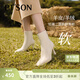 百田森時(shí)裝靴女2024冬法式舒軟羊皮時(shí)尚百搭細跟短靴 米白色 37 