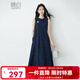 晚白【配胸針】春款顯瘦紙片人裙子豎條紋寬松大碼梨形友好無(wú)袖連衣裙 深藍色 M