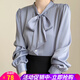 歐貝汐襯衫女長(cháng)袖設計感小眾職業(yè)氣質(zhì)春秋襯衣系帶藍色蝴蝶結雪紡上衣 藍色 M