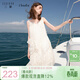 三彩2025夏季新款V領(lǐng)無(wú)袖吊帶裙蕾絲花邊連衣裙寬松女