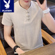 花花公子（PLAYBOY）短袖t恤男夏季中國風(fēng)男士棉麻v領(lǐng)半袖潮體恤上衣服男裝夏裝 卡其色 XL