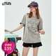 妖精的口袋美式復古短袖t恤女2024年春新款斑駁破洞設計顯瘦上衣 音符灰色 S
