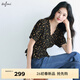 伊芙麗（eifini）朱珠代言系帶收腰設計碎花V領(lǐng)氣質(zhì)法式短袖襯衫女26夏季新款 黑色 黑底黃花 M