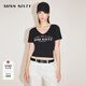 MISS SIXTY針織衫女短袖V領(lǐng)鏤空綁帶時(shí)尚印花含桑蠶絲短款上衣 黑色 S