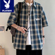 花花公子（PLAYBOY）日系七分袖襯衫男士夏季薄款格子襯衣學(xué)生潮流寬松休閑半袖男裝 藍色 XL