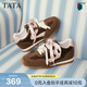 他她（TATA）緞面物語(yǔ)女鞋春季阿甘鞋休閑德訓鞋平底運動(dòng)鞋GXT03AM6 棕/粉 38