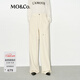 MO&Co.休閑褲含牦牛絨棉質(zhì)高腰抽繩高腰長(cháng)褲運動(dòng)風(fēng)及地直筒褲摩安珂 米白色 L