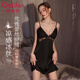 歐迪芬吊帶睡裙女士睡衣帶胸墊高級蕾絲緞面純欲性感薄款冰絲家居服黑L