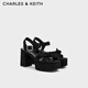 CHARLES&KEITH26春新品方頭蝴蝶結厚底涼鞋高跟鞋CK1-60580329 BLACK TEXTURED黑色紋理 37 （235）