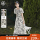 對白【AN大碼系列】深山含笑國風(fēng)水墨印花連衣裙夏季胖mm收腰顯瘦裙子 米底黑花 L 建議體重125-135