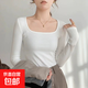 白色長(cháng)袖t恤女春秋2026新款修身顯瘦打底衫內搭秋冬螺紋方領(lǐng)上衣 白色 M