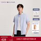 Tommy Hilfiger【彈力牛津紡】春夏男裝商務(wù)休閑細條紋修身短袖襯衫外套 藍白條紋0GZ L （推薦：140-155斤）