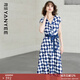 顏域時(shí)尚短袖V領(lǐng)格子連衣裙女夏裝2023年新款收腰顯瘦格紋茶歇裙 藍格 S/36