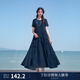 生活在左【林棲作品】嬰兒棉系列2021夏圓領(lǐng)寬松短袖連衣裙長(cháng)裙 藏藍色 M