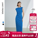 朗姿法式一字肩收腰抽褶設計感氣質(zhì)長(cháng)裙夏裝2024新款女禮服連衣裙 艦隊藍色 L