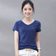艾路絲婷夏裝短袖T恤女上衣韓版修身圓領(lǐng)純色棉體恤TX3361 V領(lǐng)深藍色 L