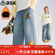 ASK JUNIOR兒童褲子2025冬季中大童加絨保暖牛仔褲女童繡花休閑長(cháng)褲 藍色