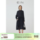 EIN【輕氧亞麻】EIN言自然文藝風(fēng)立領(lǐng)后開(kāi)襟撞色連衣裙秋新款 墨綠 L