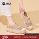 快樂(lè )瑪麗（J&M）帆布鞋女2026夏季新款透氣一腳蹬厚底樂(lè )福鞋防滑網(wǎng)面鞋通勤休閑鞋 金色 37 (曬圖送20元紅包）