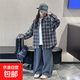 女童格子襯衫春秋季新款韓版洋氣女孩中大童春裝時(shí)髦寬松外套上衣 藏青色 150