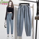 貝娜妮（Beinani）特大碼胖妹妹九分牛仔褲女夏加肥加大碼哈倫休閑褲胖人老爹褲薄款 藍色 3XL 建議155-175斤