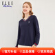 ELLE ACTIVE設計感撞色V領(lǐng)長(cháng)袖T恤女士春季時(shí)尚休閑運動(dòng)百搭拼色內搭上衣女 藏青色 L