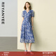 顏域藍色碎花連衣裙女2025夏季新款V領(lǐng)收腰長(cháng)款法式復古茶歇裙子 藍花 L