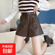 皮短褲女2026新款春秋冬外穿高腰大碼靴褲黑色百搭a字闊腿pu皮褲 咖啡色 L